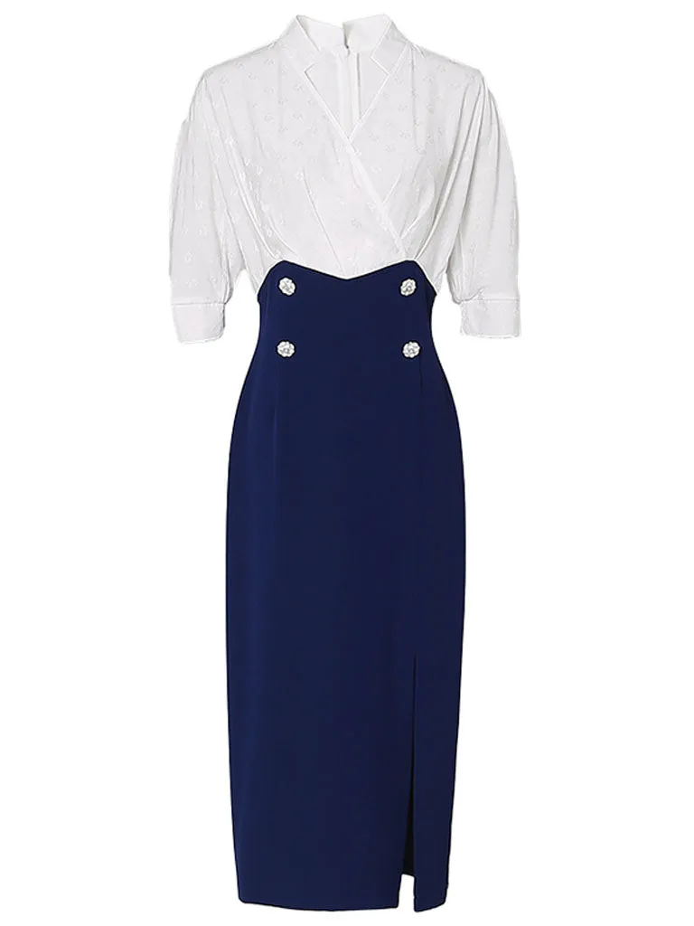White And Navy Lantern Sleeve Slit Dress Vintage 1940S Dress