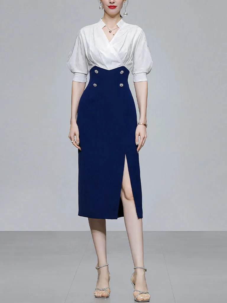 White And Navy Lantern Sleeve Slit Dress Vintage 1940S Dress