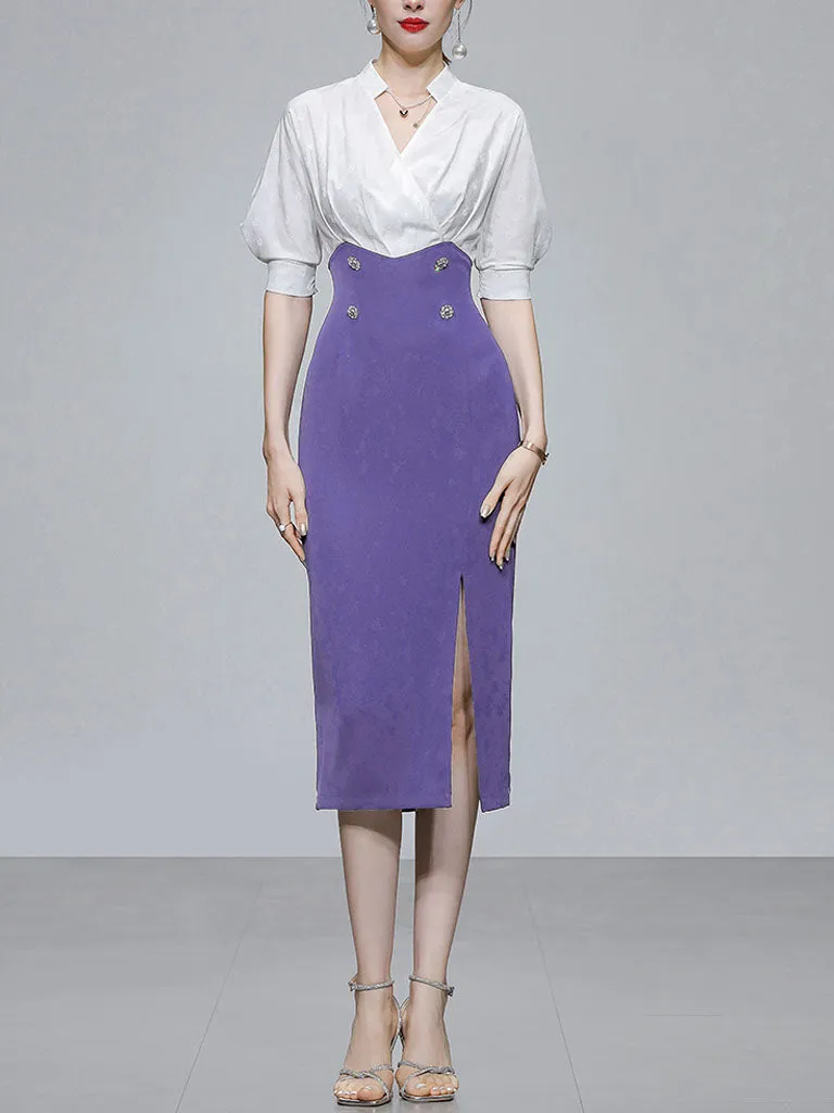 White And Navy Lantern Sleeve Slit Dress Vintage 1940S Dress