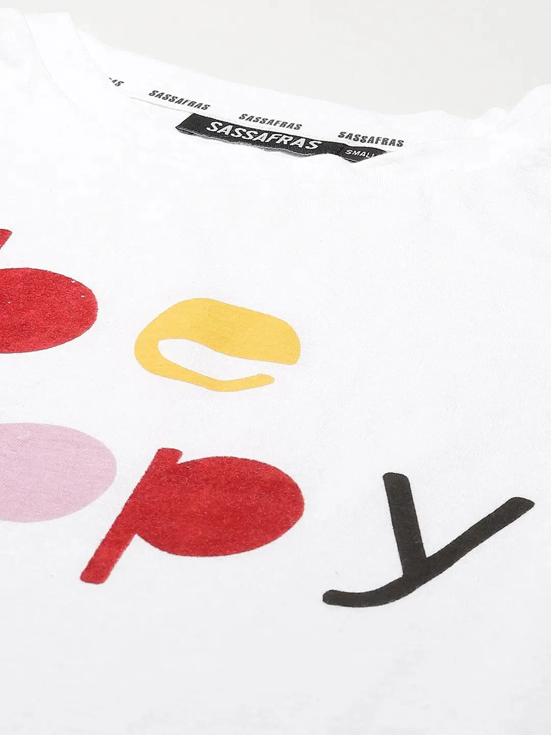 White BE HAPPY Print Puff Sleeve T-Shirt