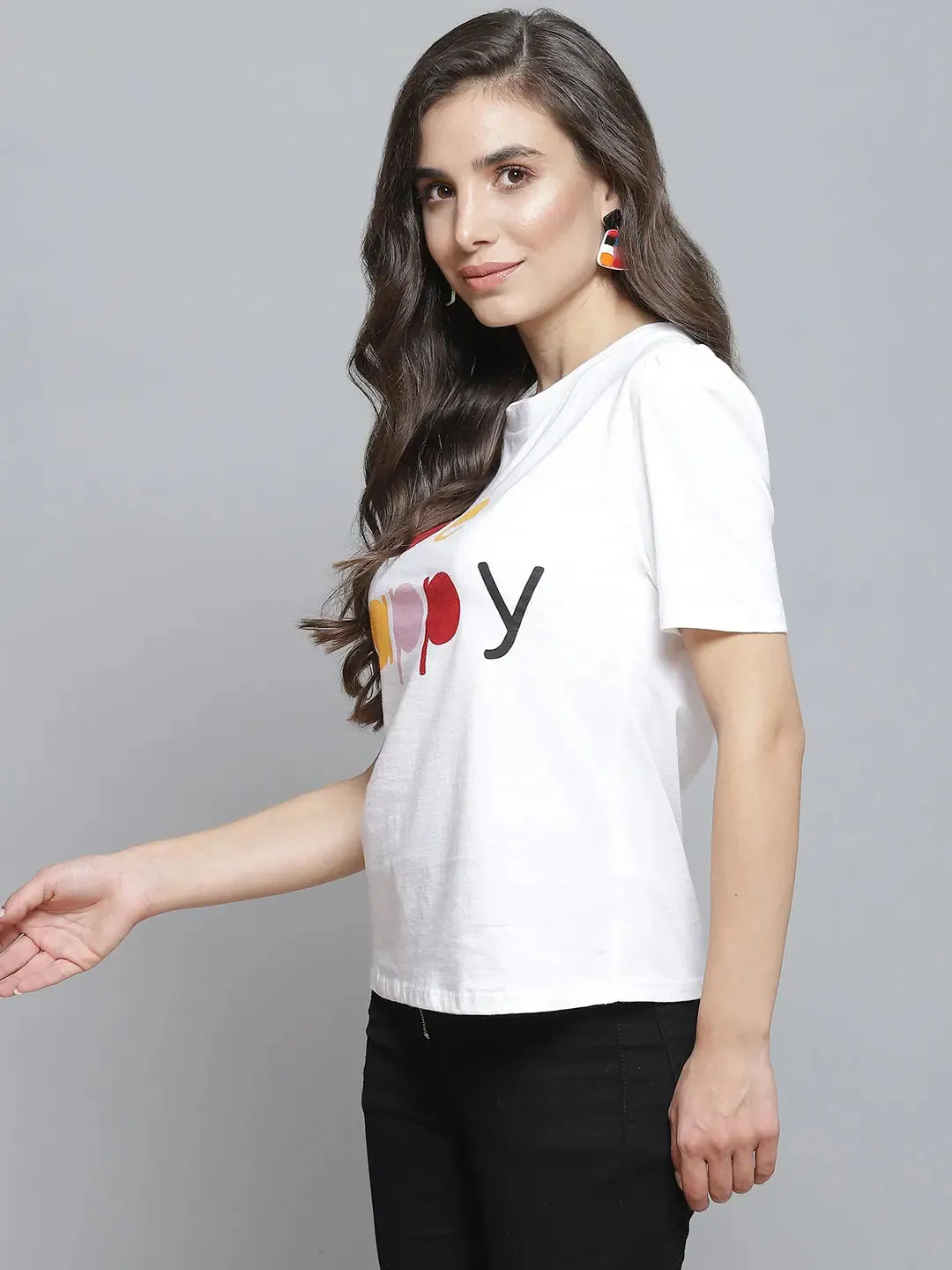 White BE HAPPY Print Puff Sleeve T-Shirt