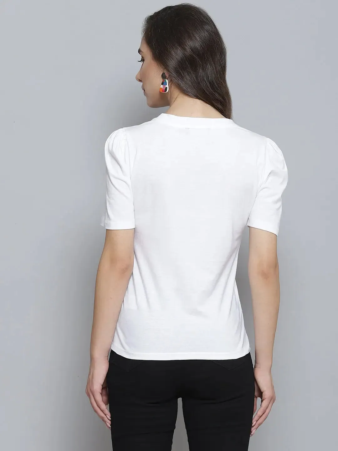 White BE HAPPY Print Puff Sleeve T-Shirt