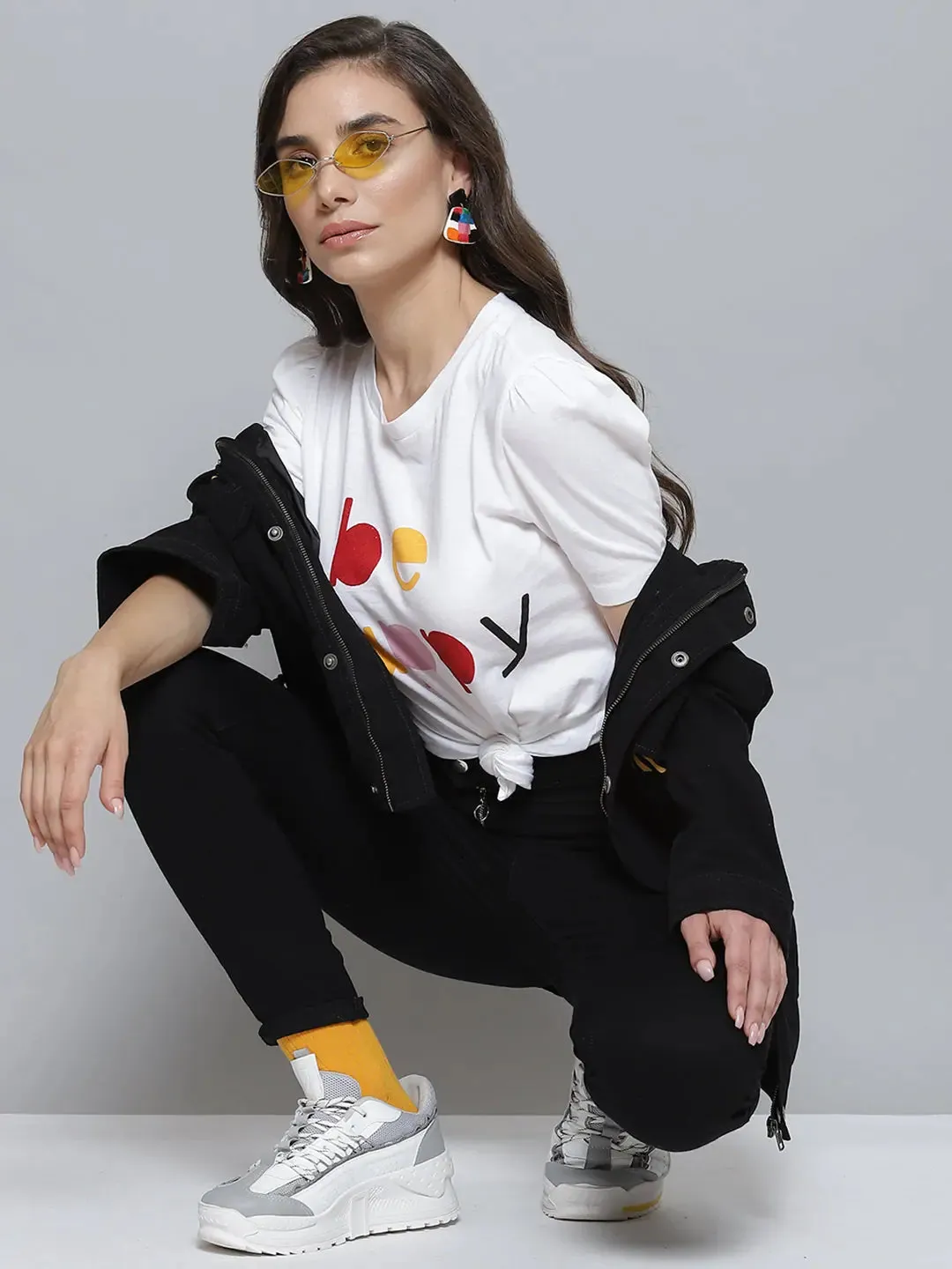 White BE HAPPY Print Puff Sleeve T-Shirt