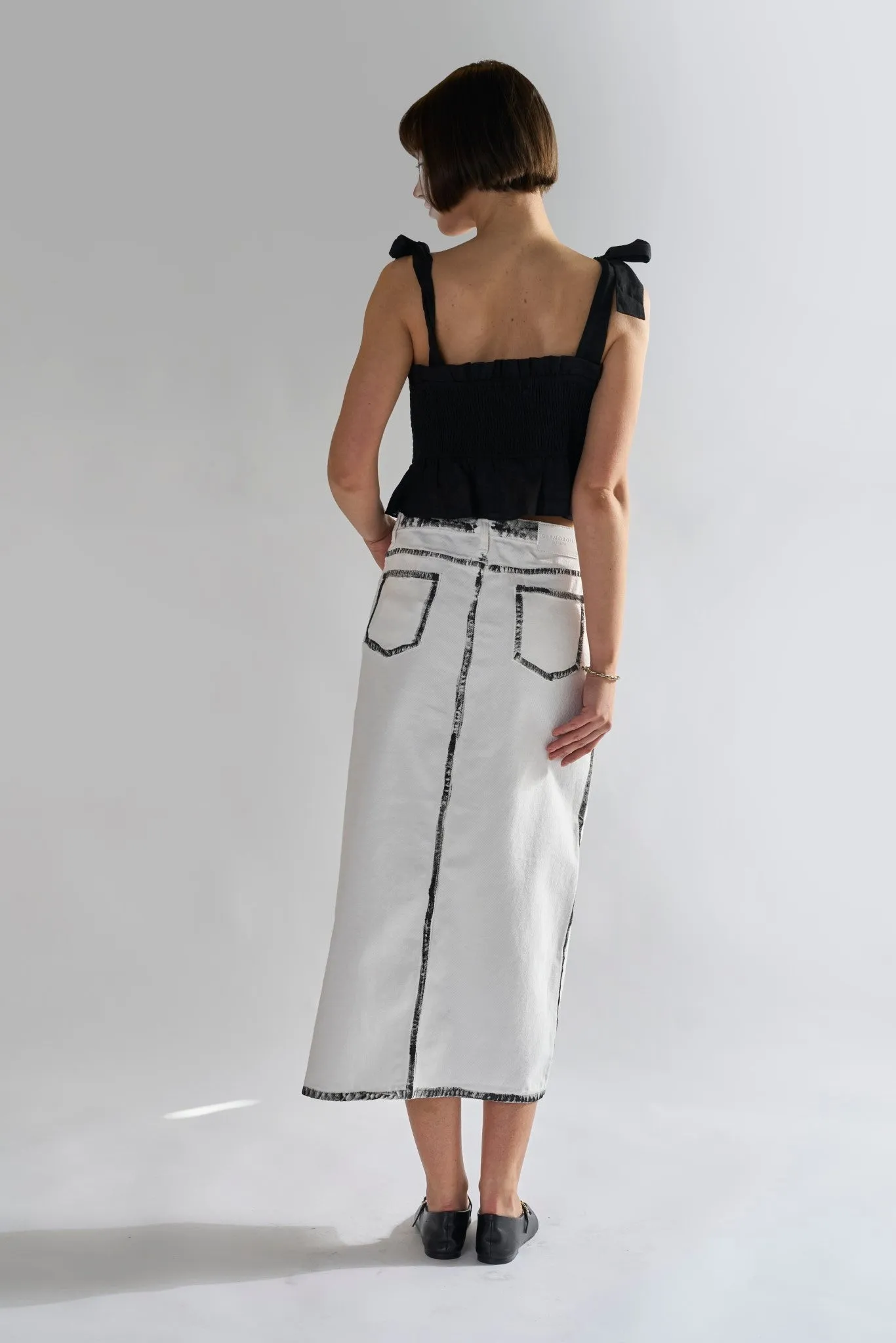 White-Black Edges Denim Straight Midi-Skirt