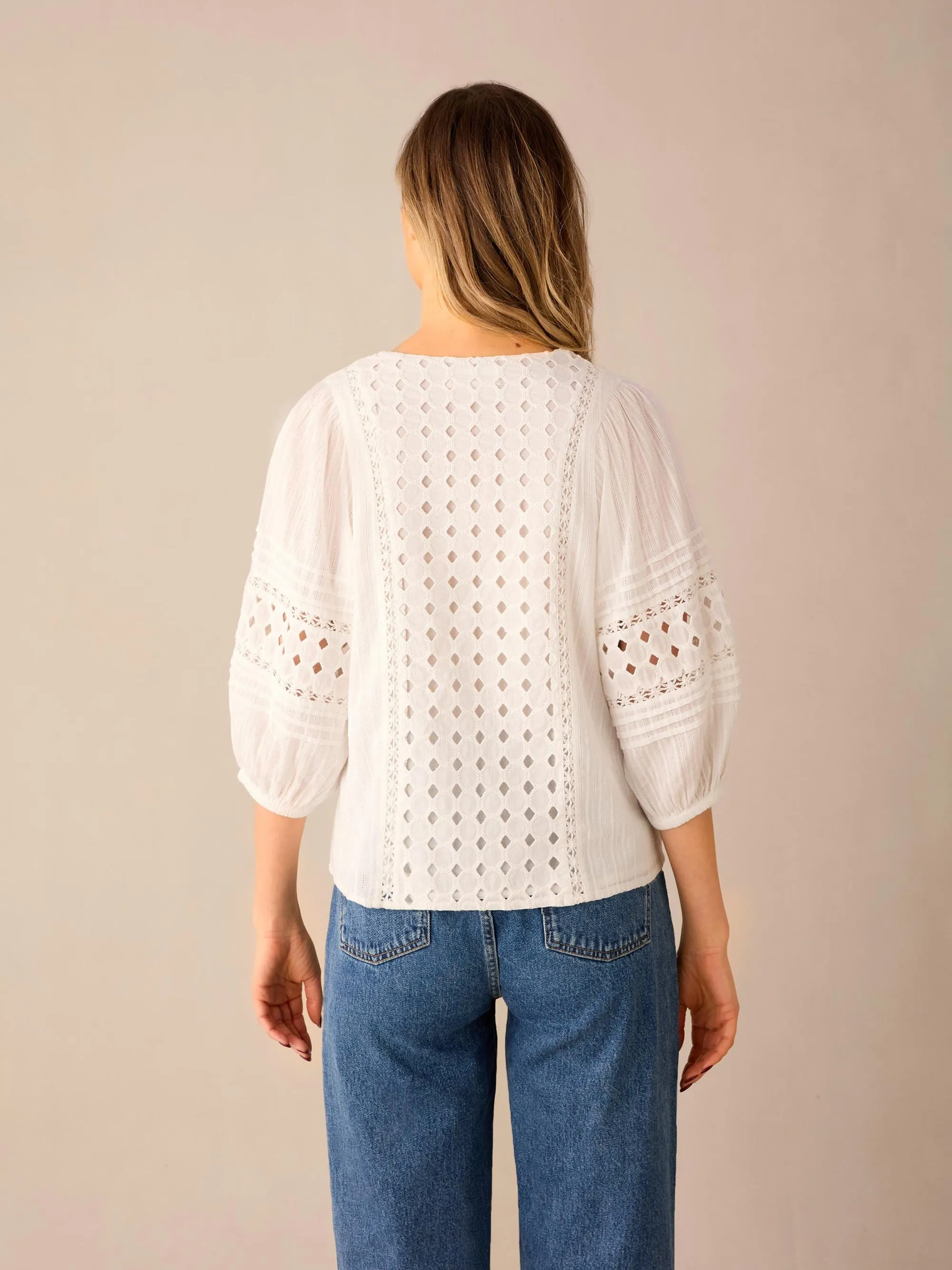 White Broderie V Neck Top