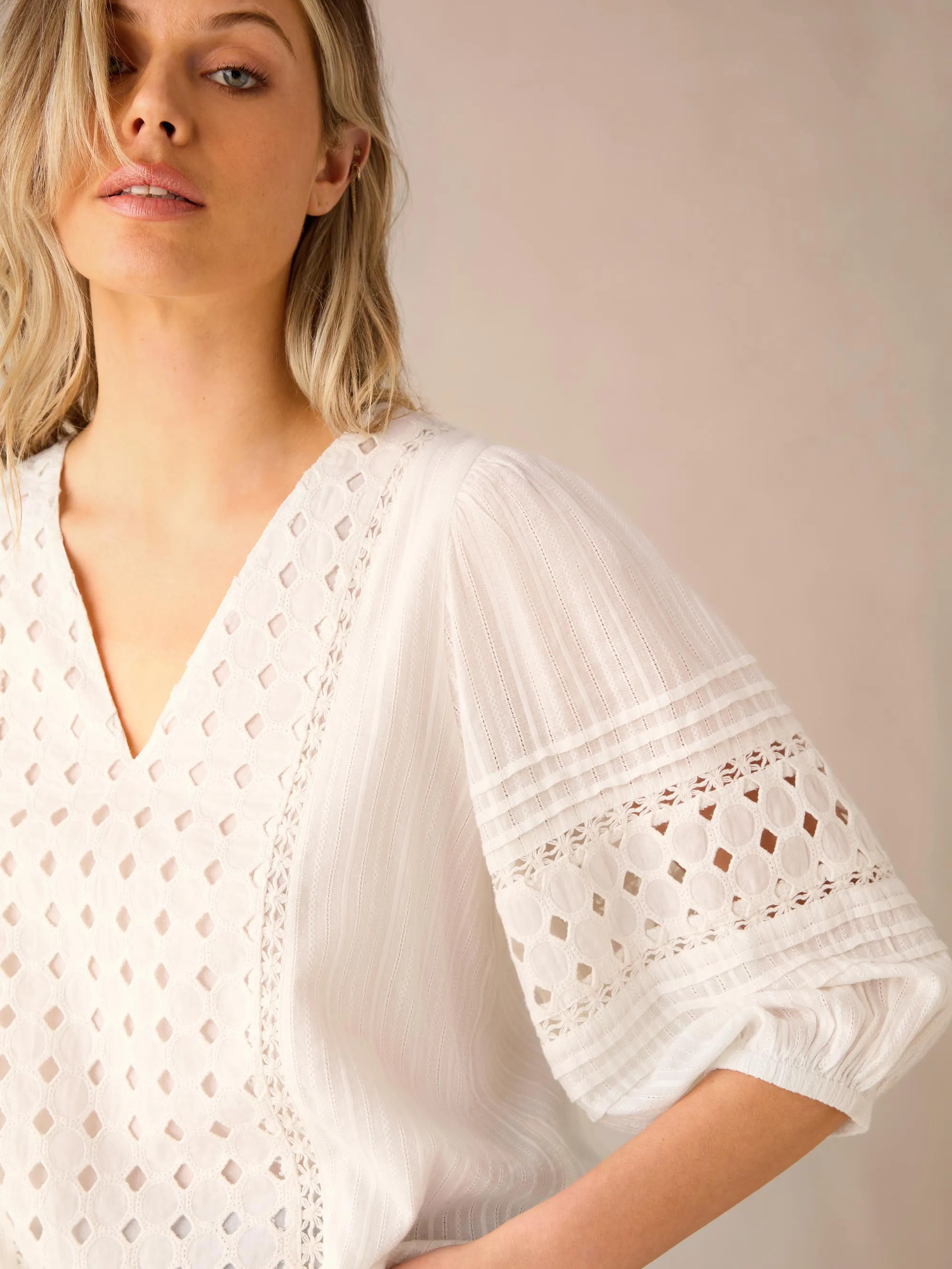 White Broderie V Neck Top