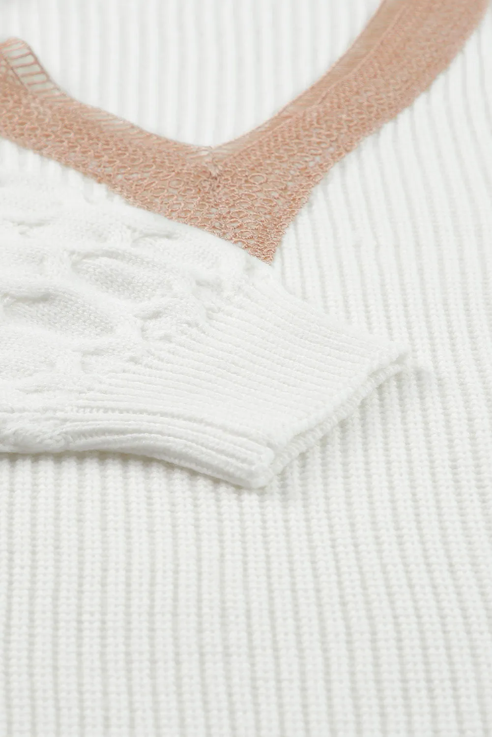 White Cable Puff Sleeve Lace V Neck Sweater