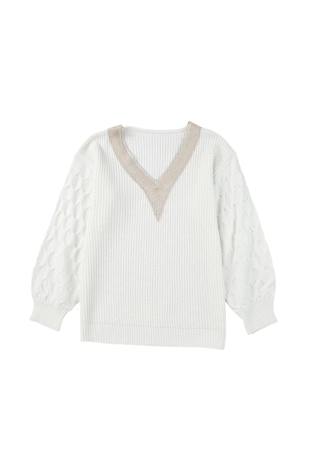 White Cable Puff Sleeve Lace V Neck Sweater