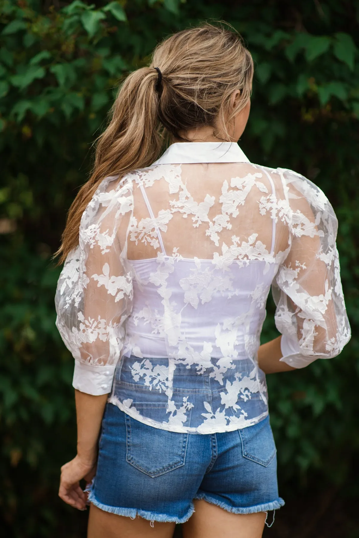 White Floral Lace Applique Puff Sleeve Top