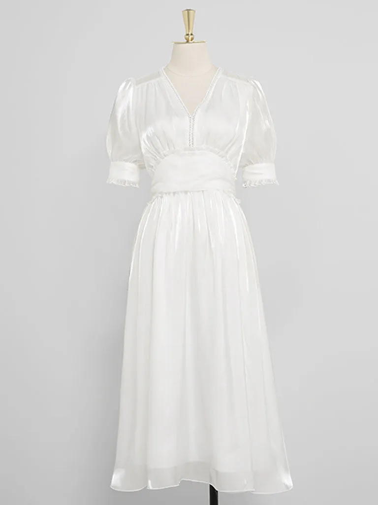 White Ruffles Puff Sleeve Organza Vintage Dress