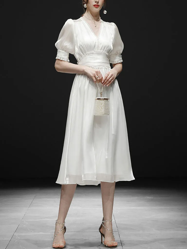 White Ruffles Puff Sleeve Organza Vintage Dress