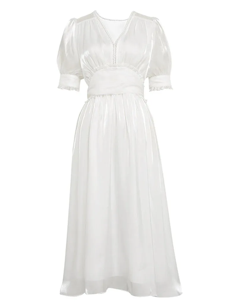 White Ruffles Puff Sleeve Organza Vintage Dress