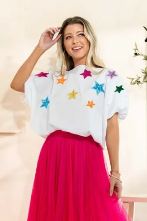 White Star Sequin Patch Crop Puff Sleeve