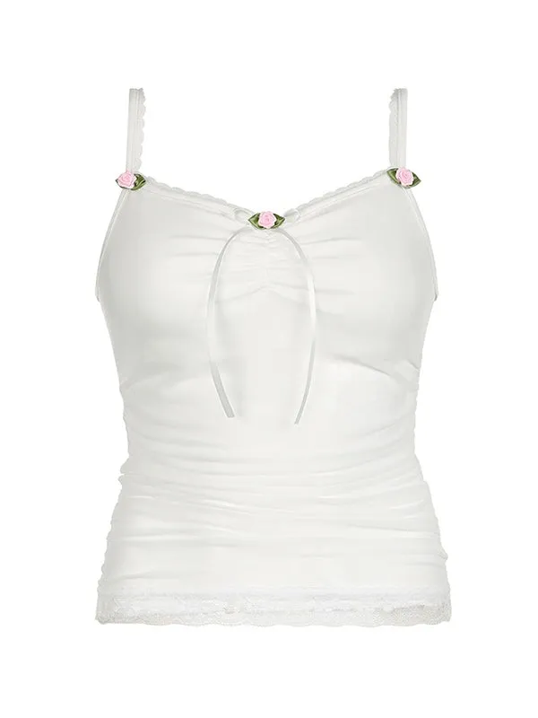 White Vintage Lace Patchwork Pleated Camisole Top