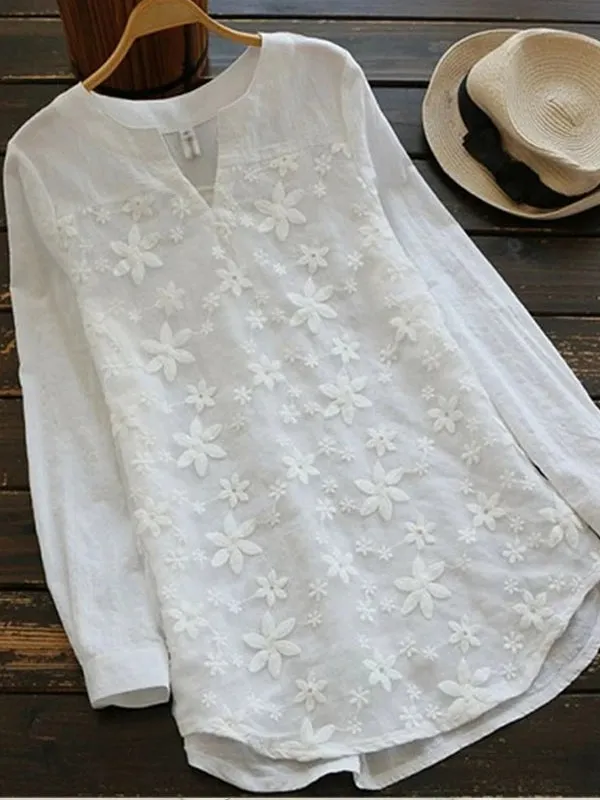 White Women Lace Long Sleeve Tops V Neck Embroidery Fashion Loose Elegant Shirt