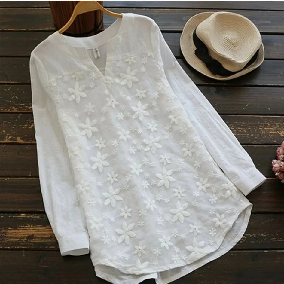White Women Lace Long Sleeve Tops V Neck Embroidery Fashion Loose Elegant Shirt