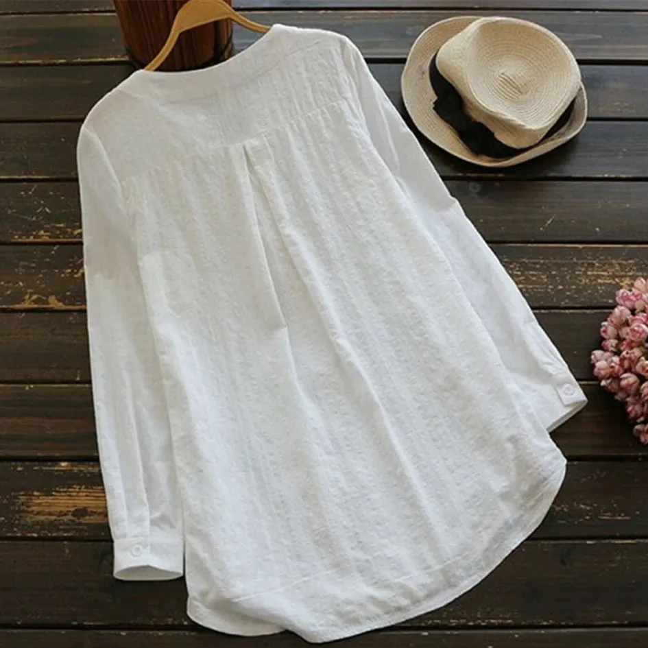 White Women Lace Long Sleeve Tops V Neck Embroidery Fashion Loose Elegant Shirt