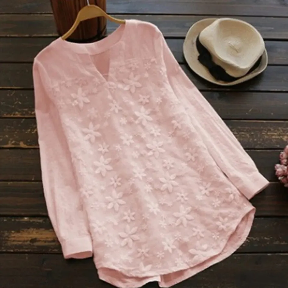 White Women Lace Long Sleeve Tops V Neck Embroidery Fashion Loose Elegant Shirt