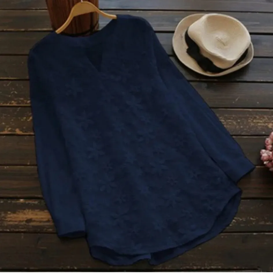 White Women Lace Long Sleeve Tops V Neck Embroidery Fashion Loose Elegant Shirt