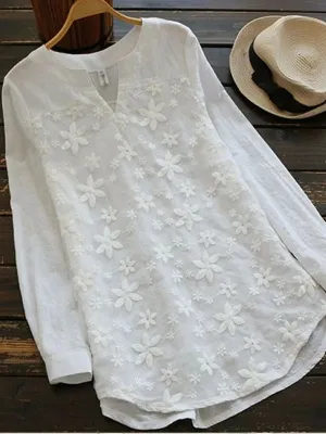 White Women Lace Long Sleeve Tops V Neck Embroidery Fashion Loose Elegant Shirt