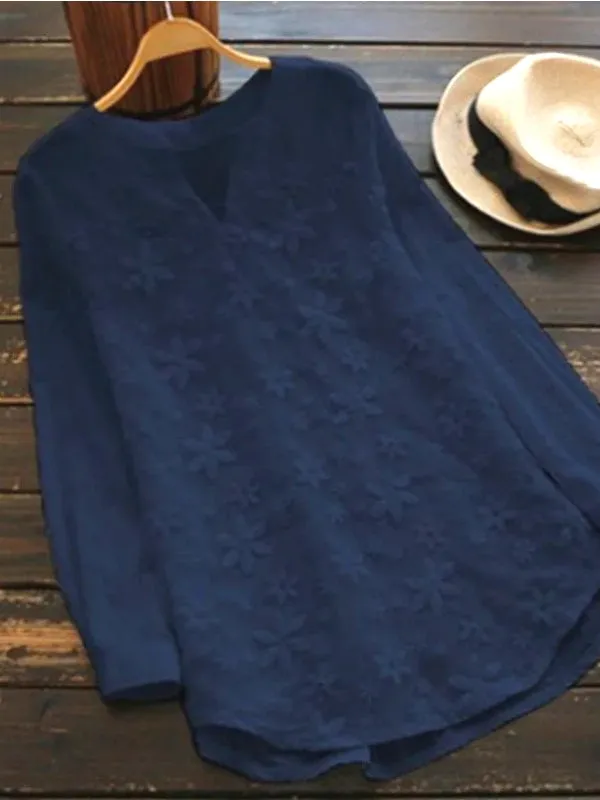 White Women Lace Long Sleeve Tops V Neck Embroidery Fashion Loose Elegant Shirt