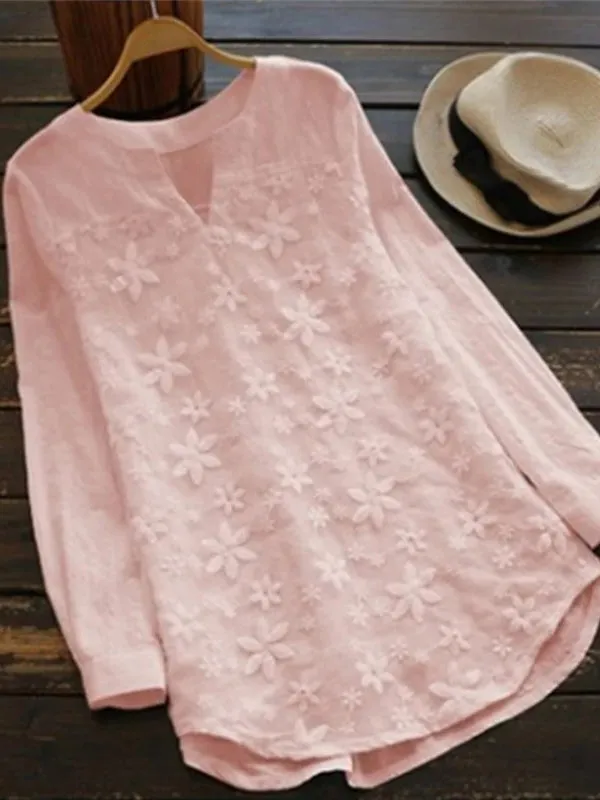 White Women Lace Long Sleeve Tops V Neck Embroidery Fashion Loose Elegant Shirt