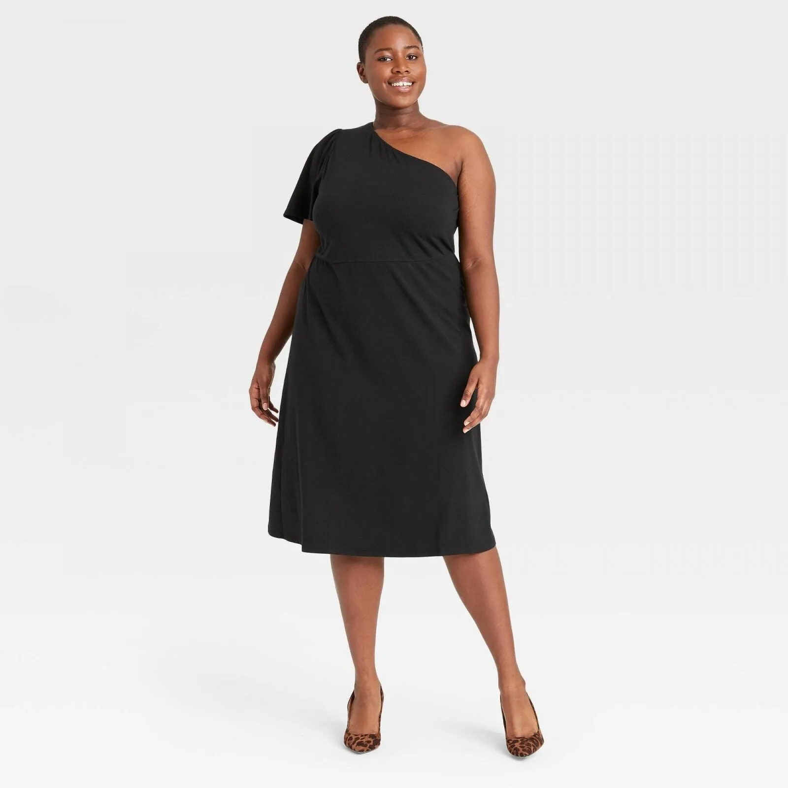 Who What Wear Women's Plus Size One Shoulder Puff Short Sleeve Dress Black 3X