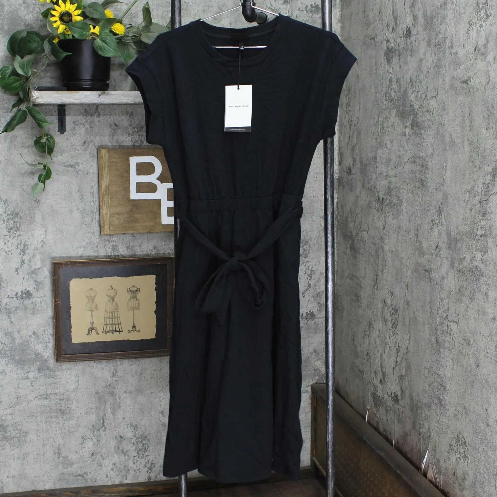 Who What Wear Women's Short Sleeve Shirring-Detailed Dress WD-785 Jet Black M
