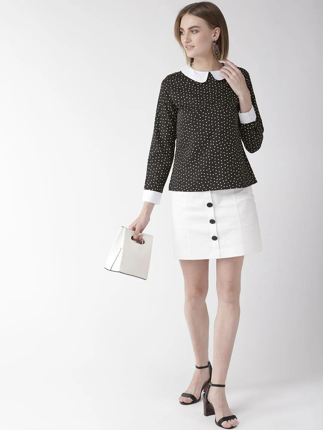 Women Black & White Polka Dot Print Top