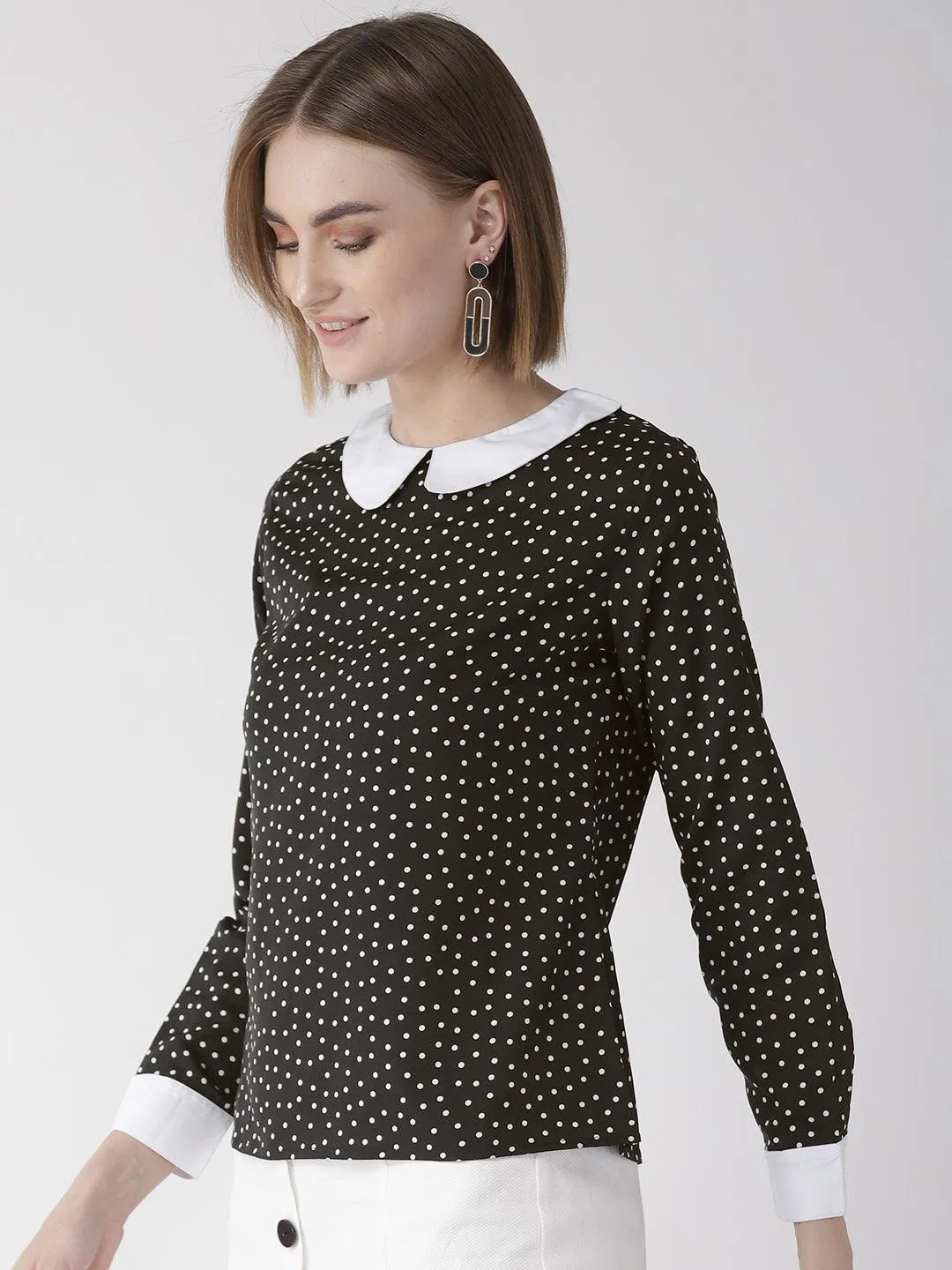 Women Black & White Polka Dot Print Top