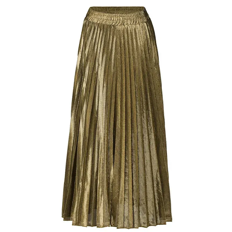 women clothes high waist A-line pleated sliver vintage elastic long halfbody skirt