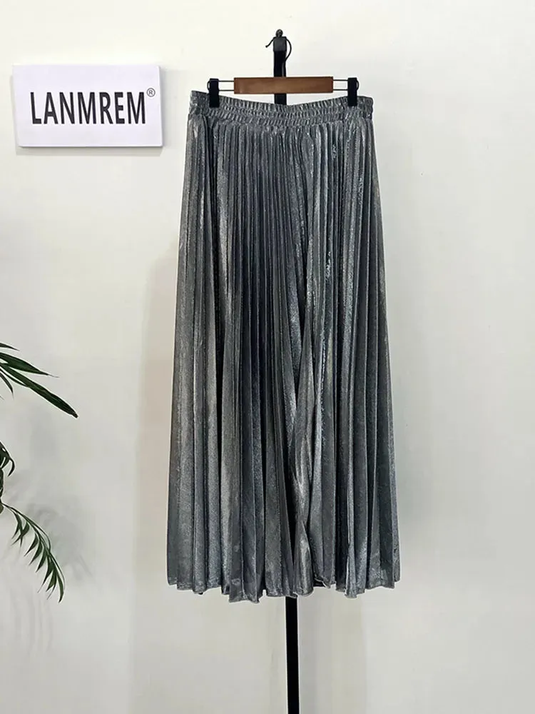 women clothes high waist A-line pleated sliver vintage elastic long halfbody skirt