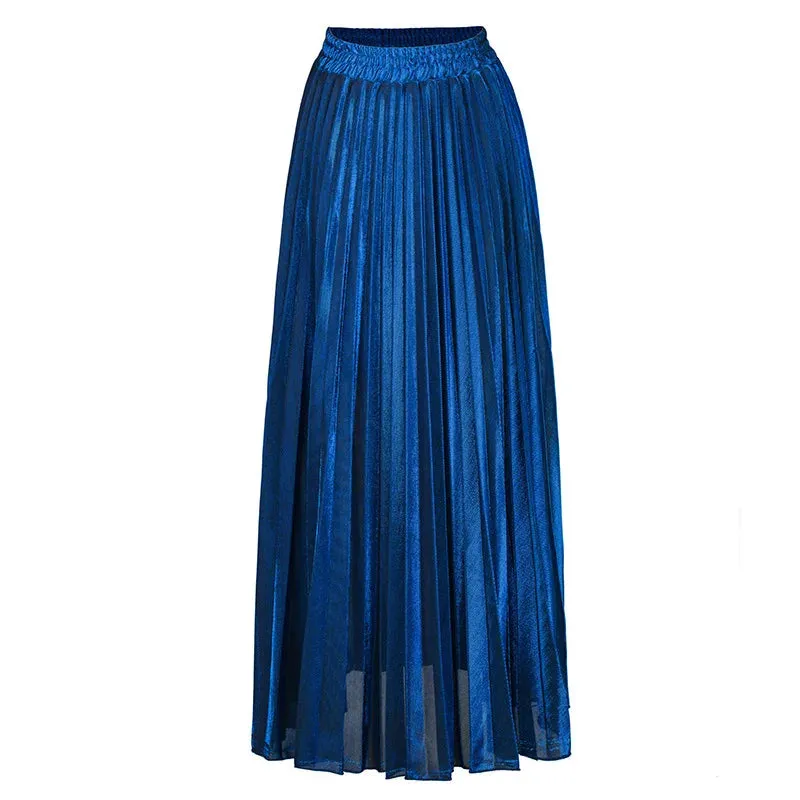 women clothes high waist A-line pleated sliver vintage elastic long halfbody skirt