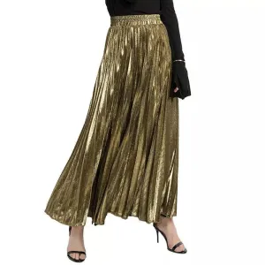 women clothes high waist A-line pleated sliver vintage elastic long halfbody skirt
