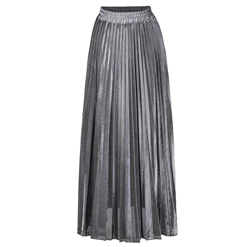 women clothes high waist A-line pleated sliver vintage elastic long halfbody skirt