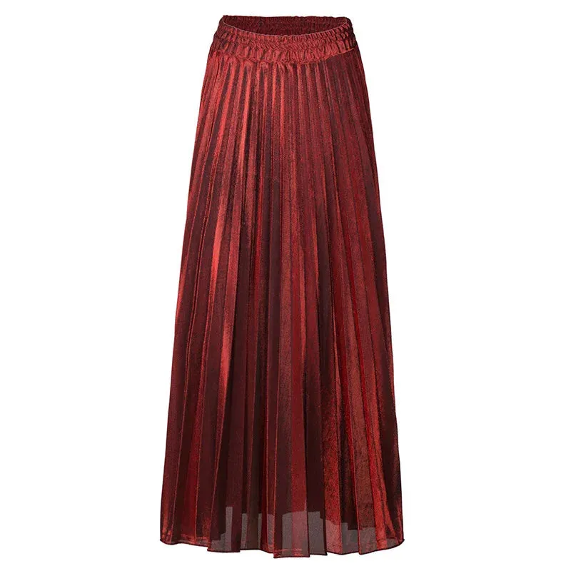 women clothes high waist A-line pleated sliver vintage elastic long halfbody skirt