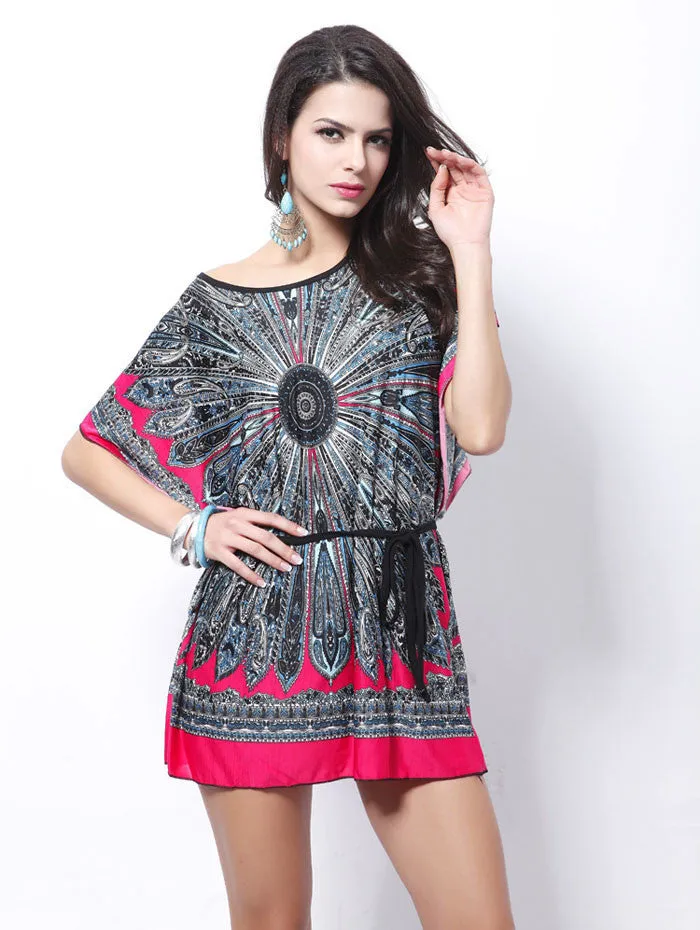 women dresses Loose Ethnic Print Skater Batwing sleeve tunics vintage Sexy bohemian dress plus size summer