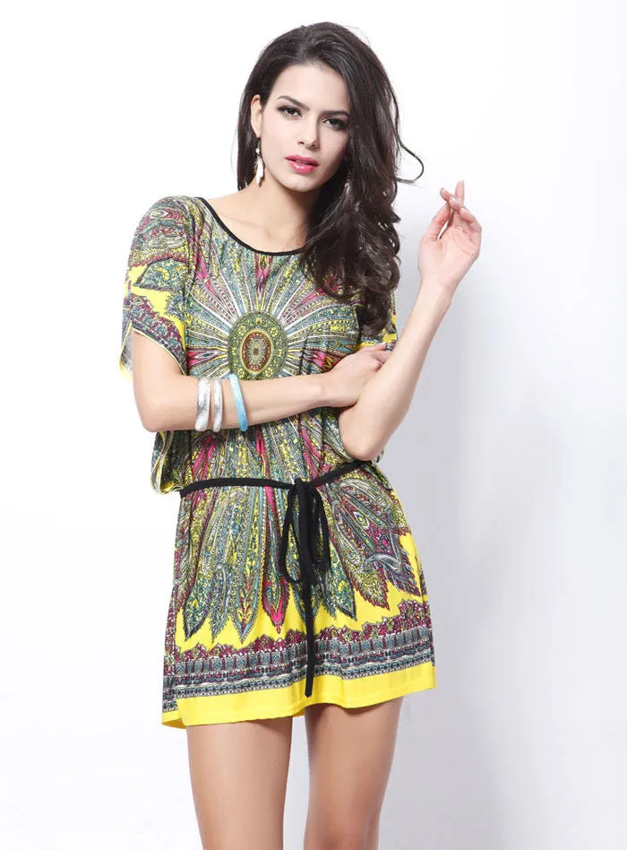 women dresses Loose Ethnic Print Skater Batwing sleeve tunics vintage Sexy bohemian dress plus size summer