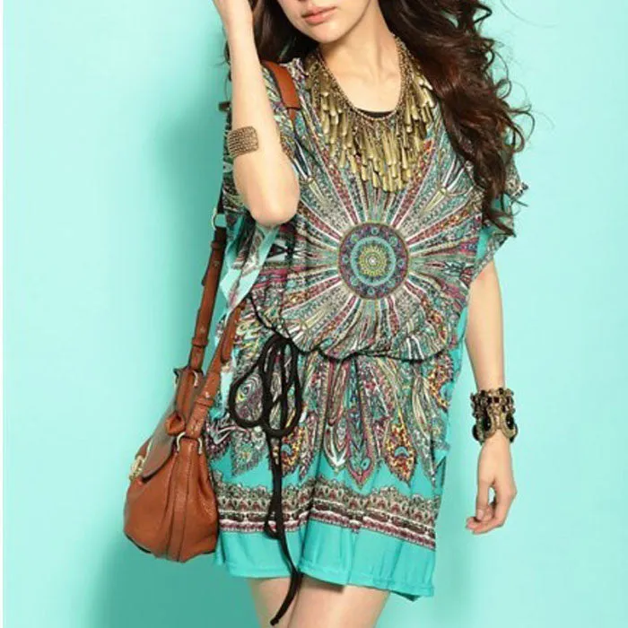 women dresses Loose Ethnic Print Skater Batwing sleeve tunics vintage Sexy bohemian dress plus size summer