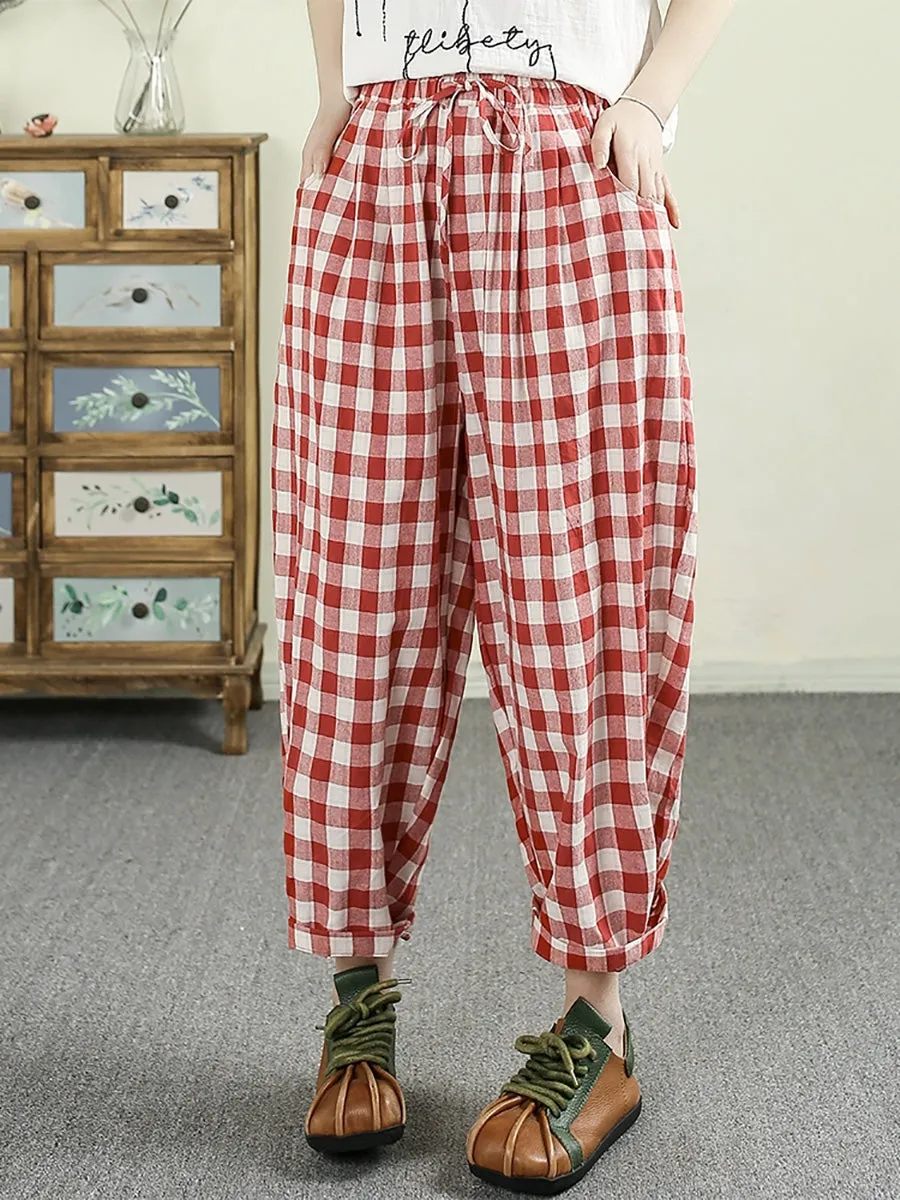 Women Summer Vintage Plaid 100%Linen Harem Pants