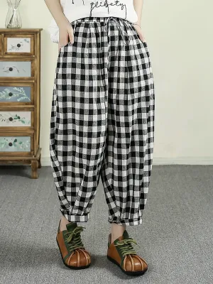 Women Summer Vintage Plaid 100%Linen Harem Pants