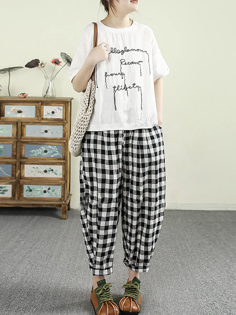 Women Summer Vintage Plaid 100%Linen Harem Pants