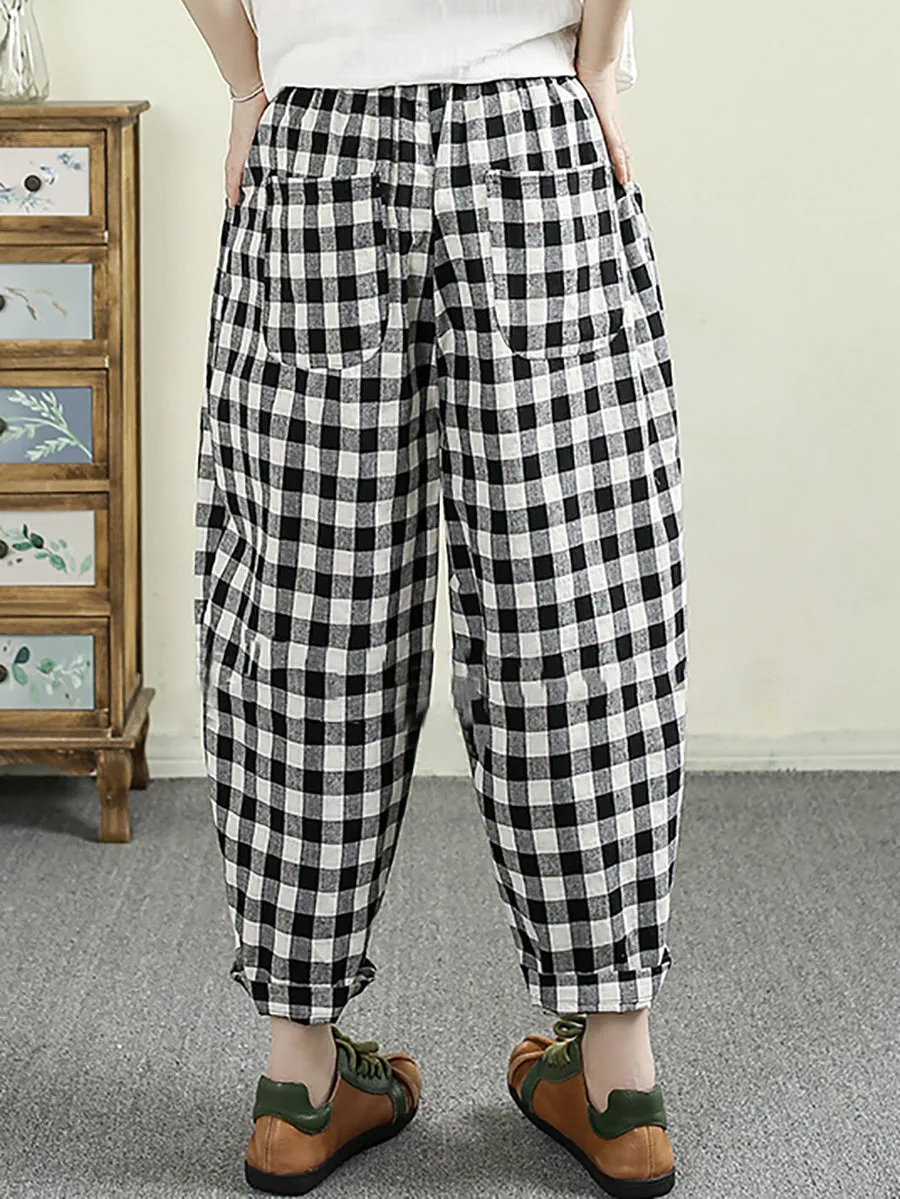 Women Summer Vintage Plaid 100%Linen Harem Pants