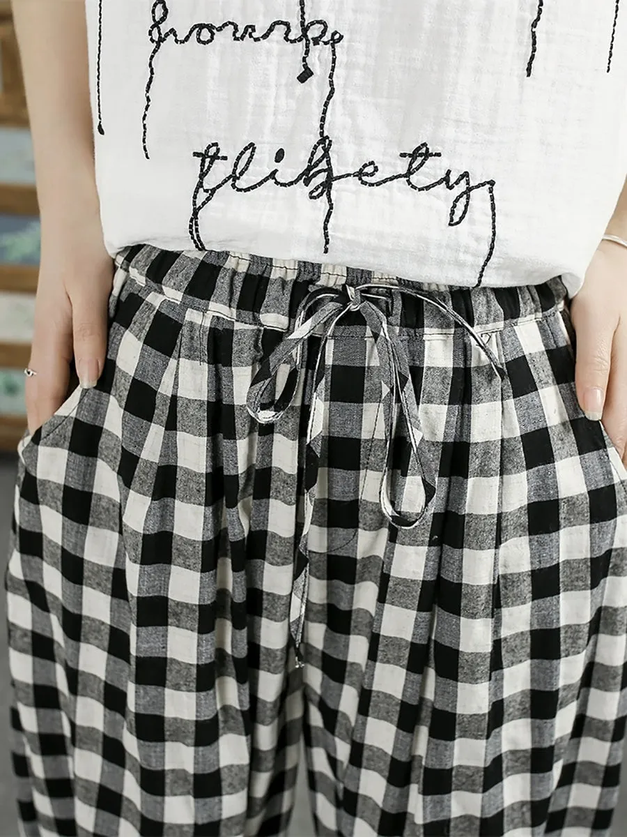 Women Summer Vintage Plaid 100%Linen Harem Pants