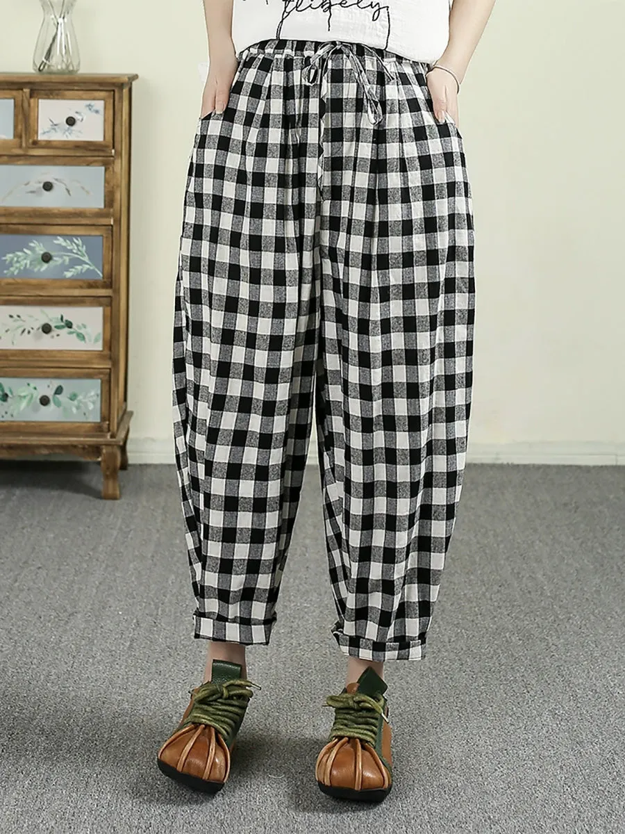 Women Summer Vintage Plaid 100%Linen Harem Pants