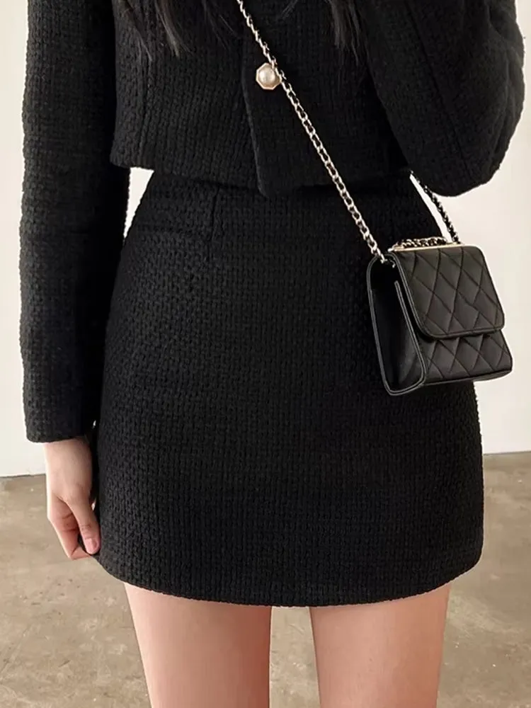Women Tweed Pearl Buttons Jackets Skirts