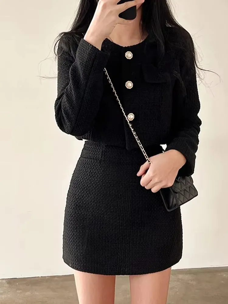 Women Tweed Pearl Buttons Jackets Skirts