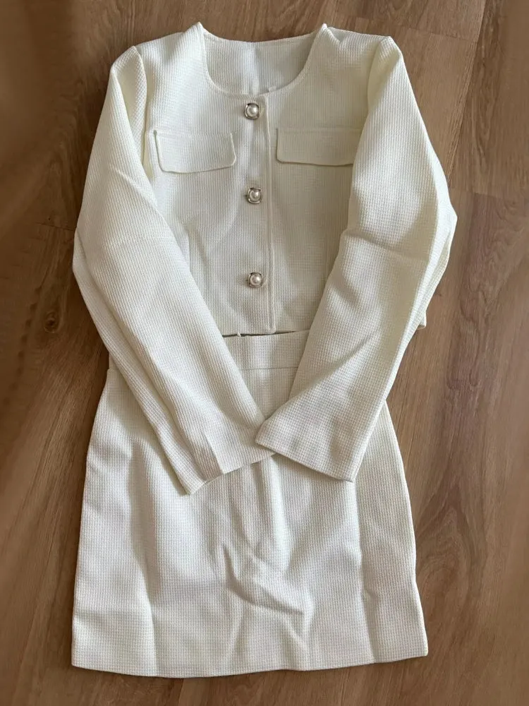Women Tweed Pearl Buttons Jackets Skirts