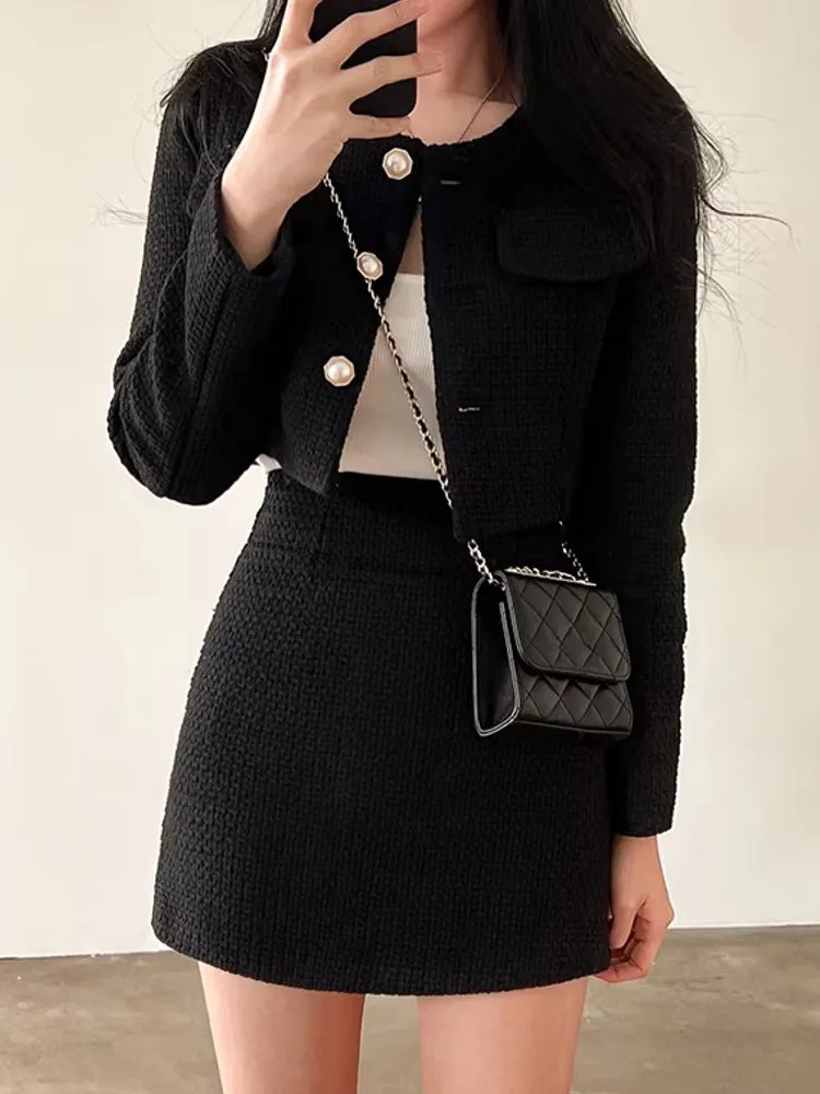 Women Tweed Pearl Buttons Jackets Skirts