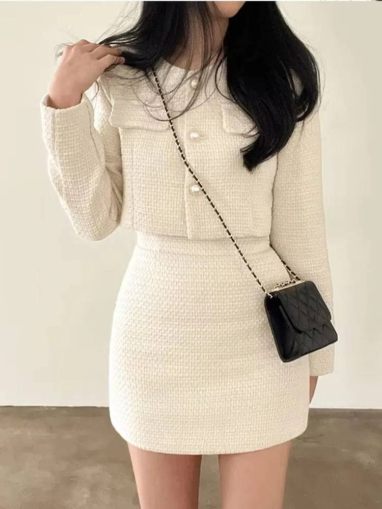 Women Tweed Pearl Buttons Jackets Skirts